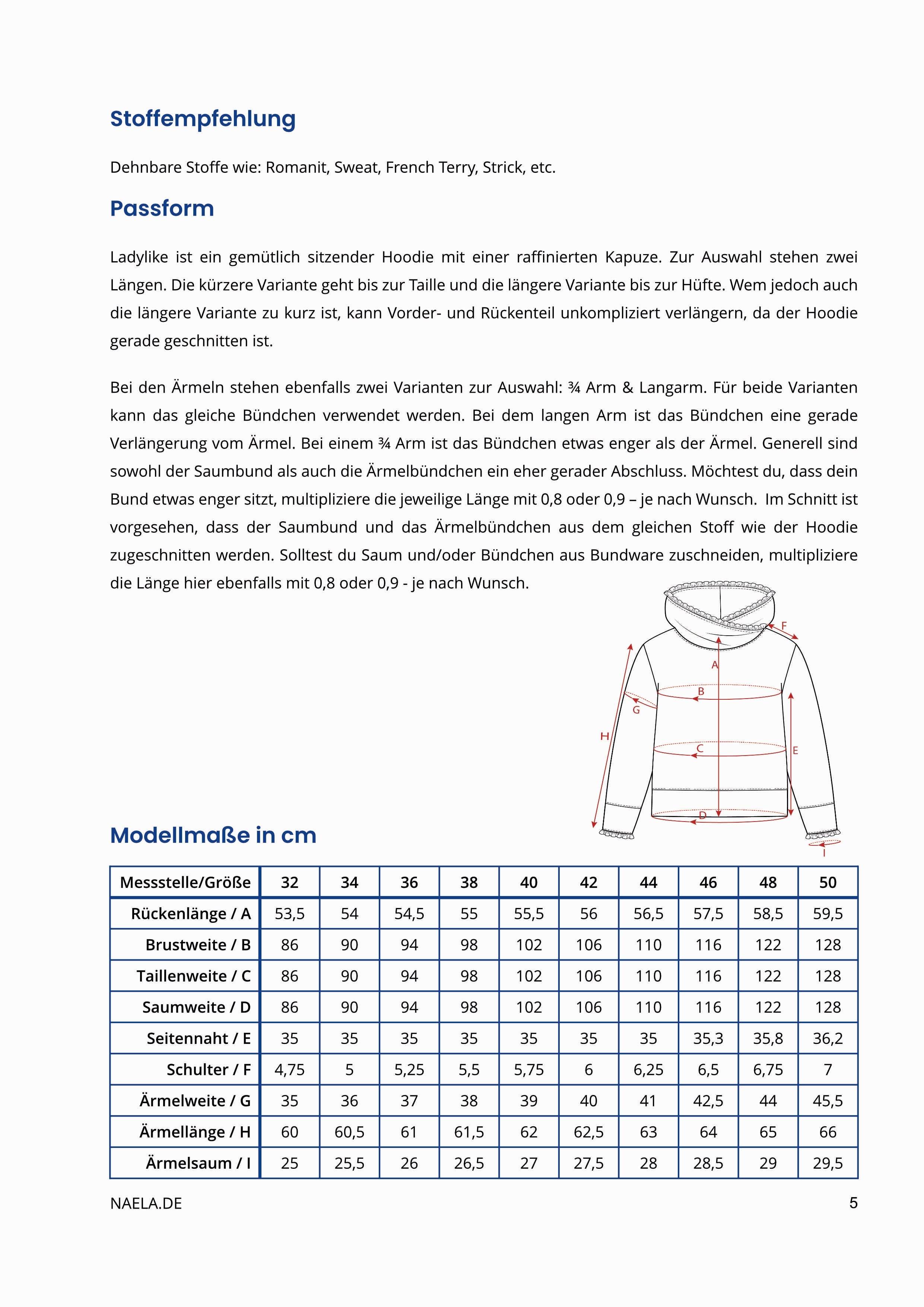Schnittmuster Hoodie Ladylike, Größe 32 - 50 : - Sewando