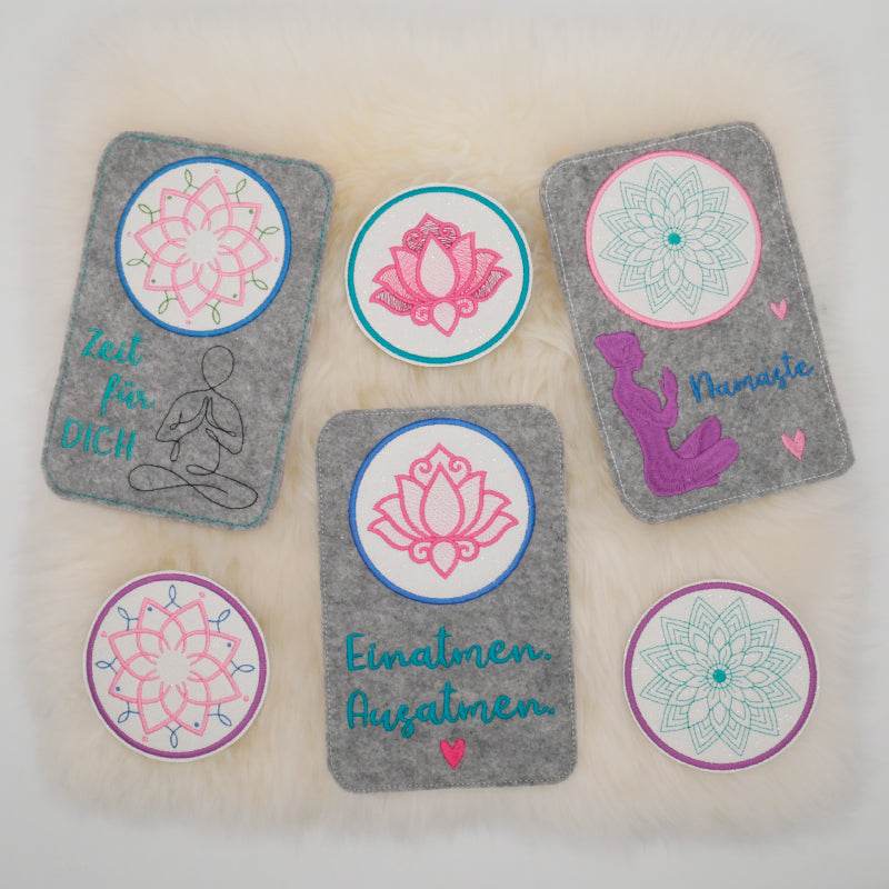 Stickdatei Set Wellness & Yoga ITH Lichtbeutel, Coaster, Mugrugs, Schlüsselanhänger, Wunscherfüller & Einzelmotive - Sewando