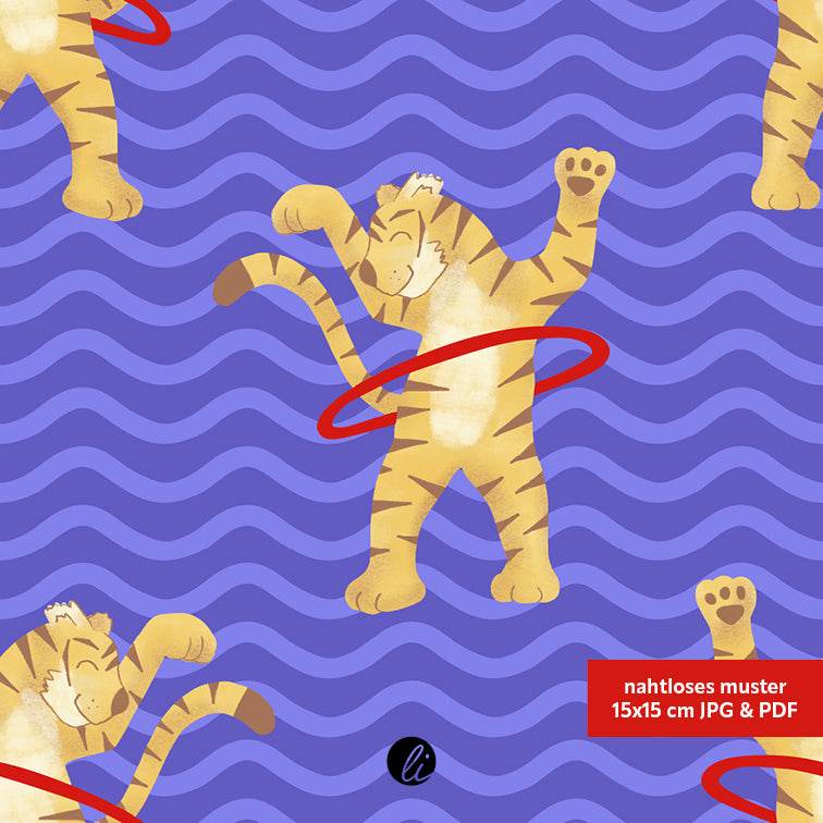 Stoffdesign – Tiger mit Hula-Hoop-Reifen blau - Sewando