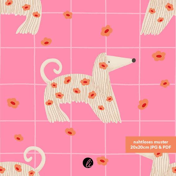 Stoffdesign – Nahtloses Muster mit afghanischen Windhund auf pink - Sewando