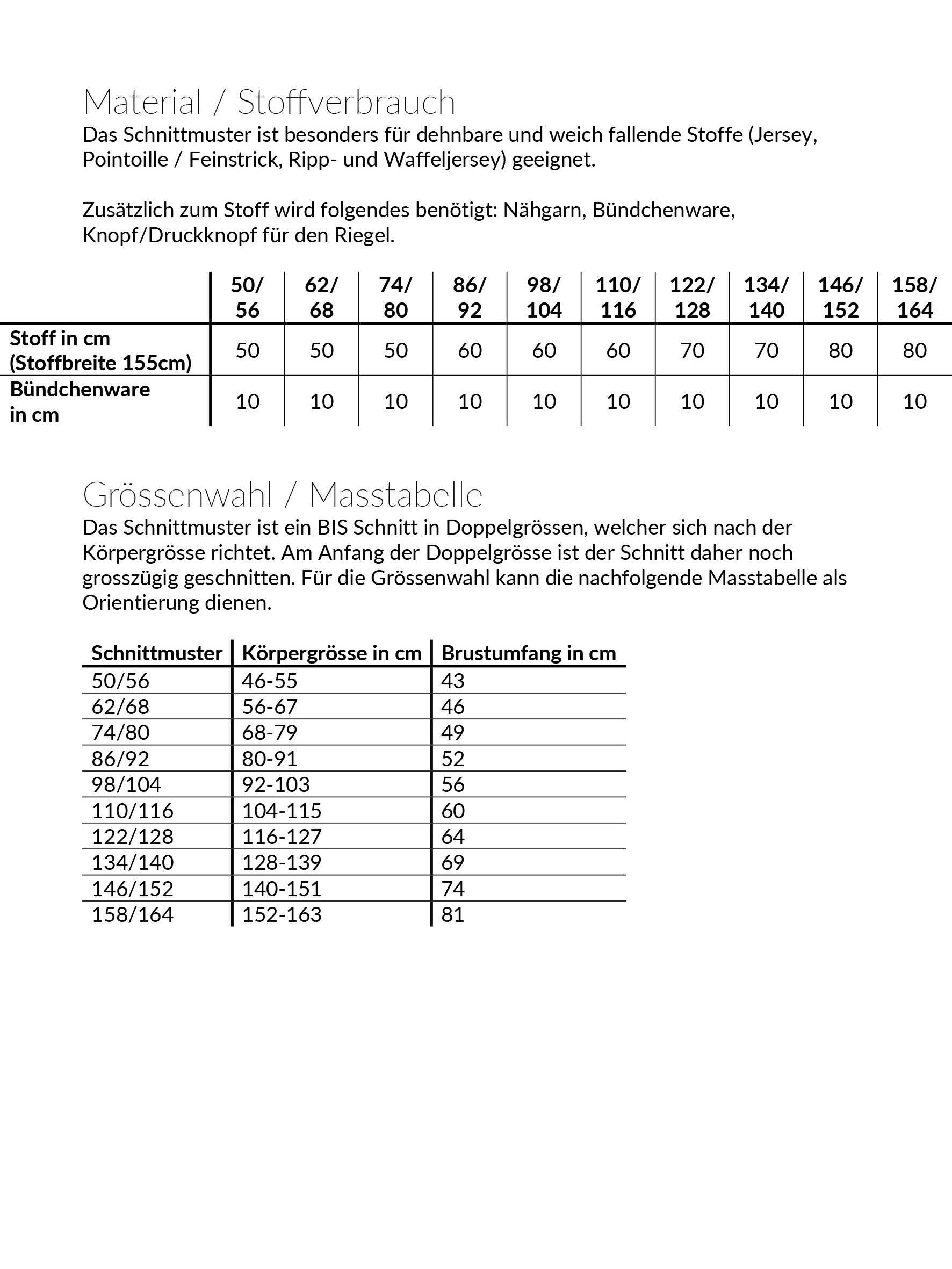 notAcrop, Schnittmuster Grösse 50-164 - Sewando