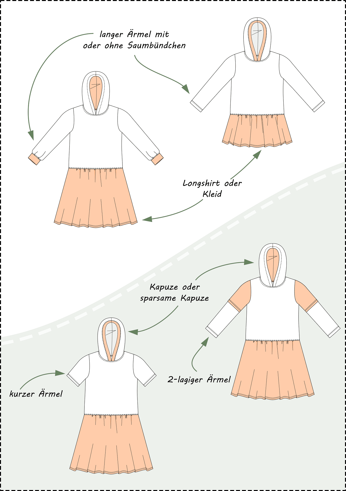 Schnittmuster Olivia – Sweatkleid oder Longshirt mit Kapuze Gr. 86-158 - Sewando