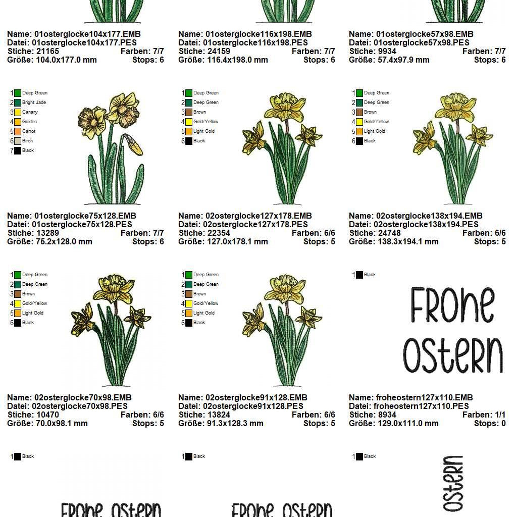 Stickdatei Set Osterglocken 2 Designs & Schhriftzug Frohe Ostern - Sewando