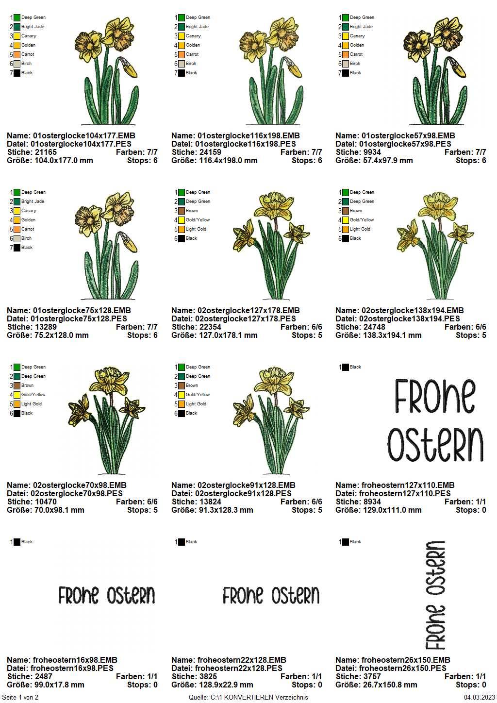 Stickdatei Set Osterglocken 2 Designs & Schhriftzug Frohe Ostern - Sewando