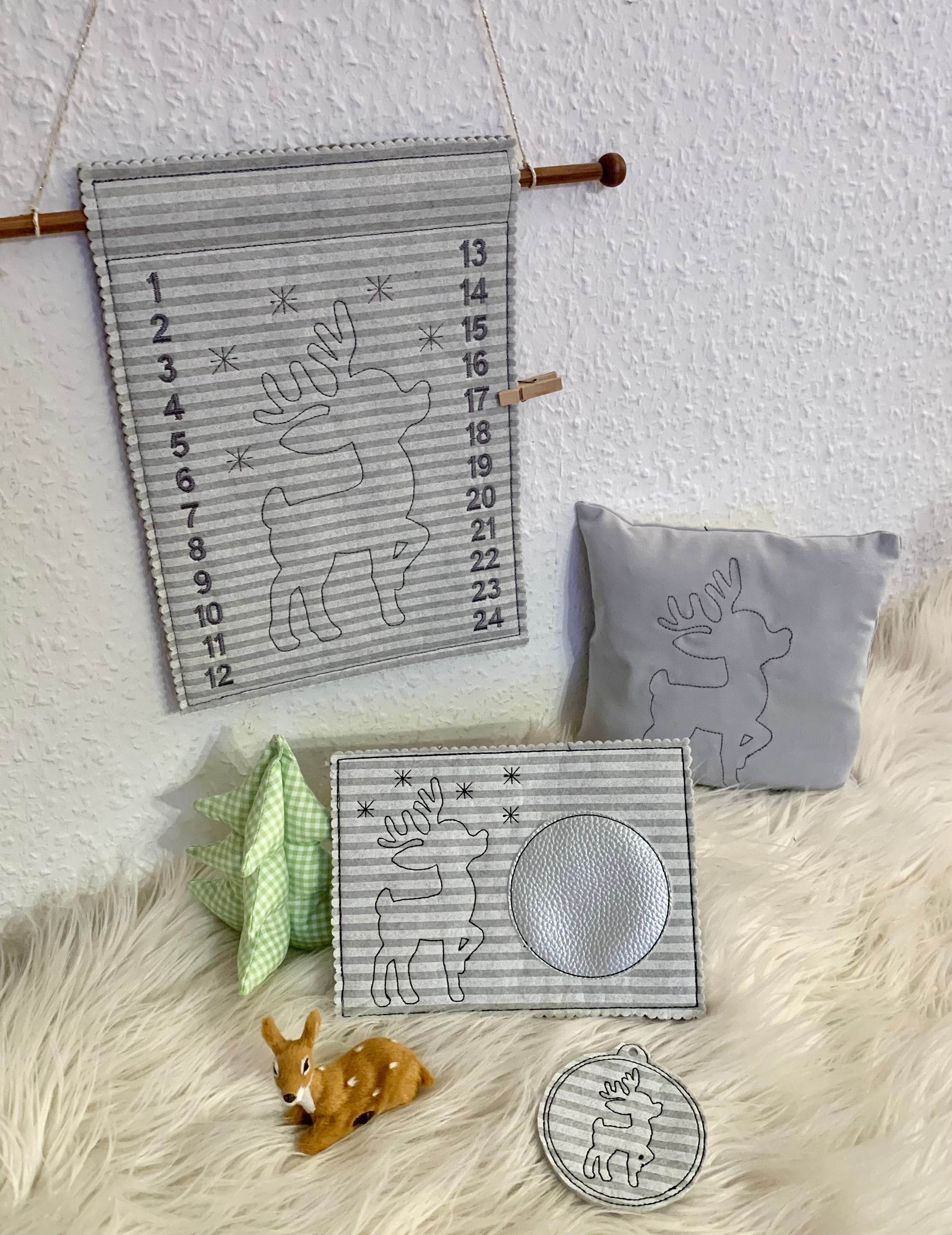 Stickdatei Rentier Adventskalender Geschenkanhänger Mug Rug Set 886a Weihnachten - Sewando