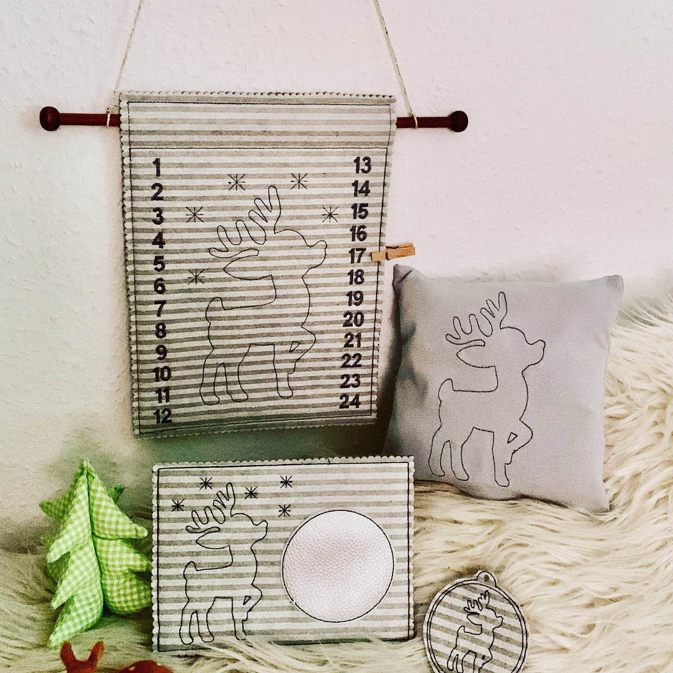 Stickdatei Rentier Adventskalender Geschenkanhänger Mug Rug Set 886a Weihnachten - Sewando