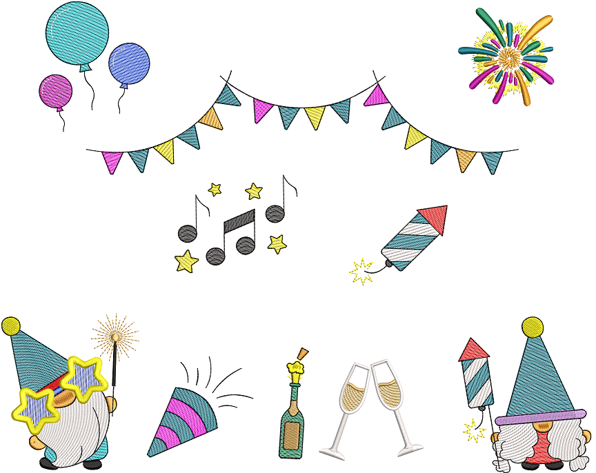 Stickdatei Set ITH Grußkarten Silvester Silvesterparty Gnom Happy New Year - Sewando