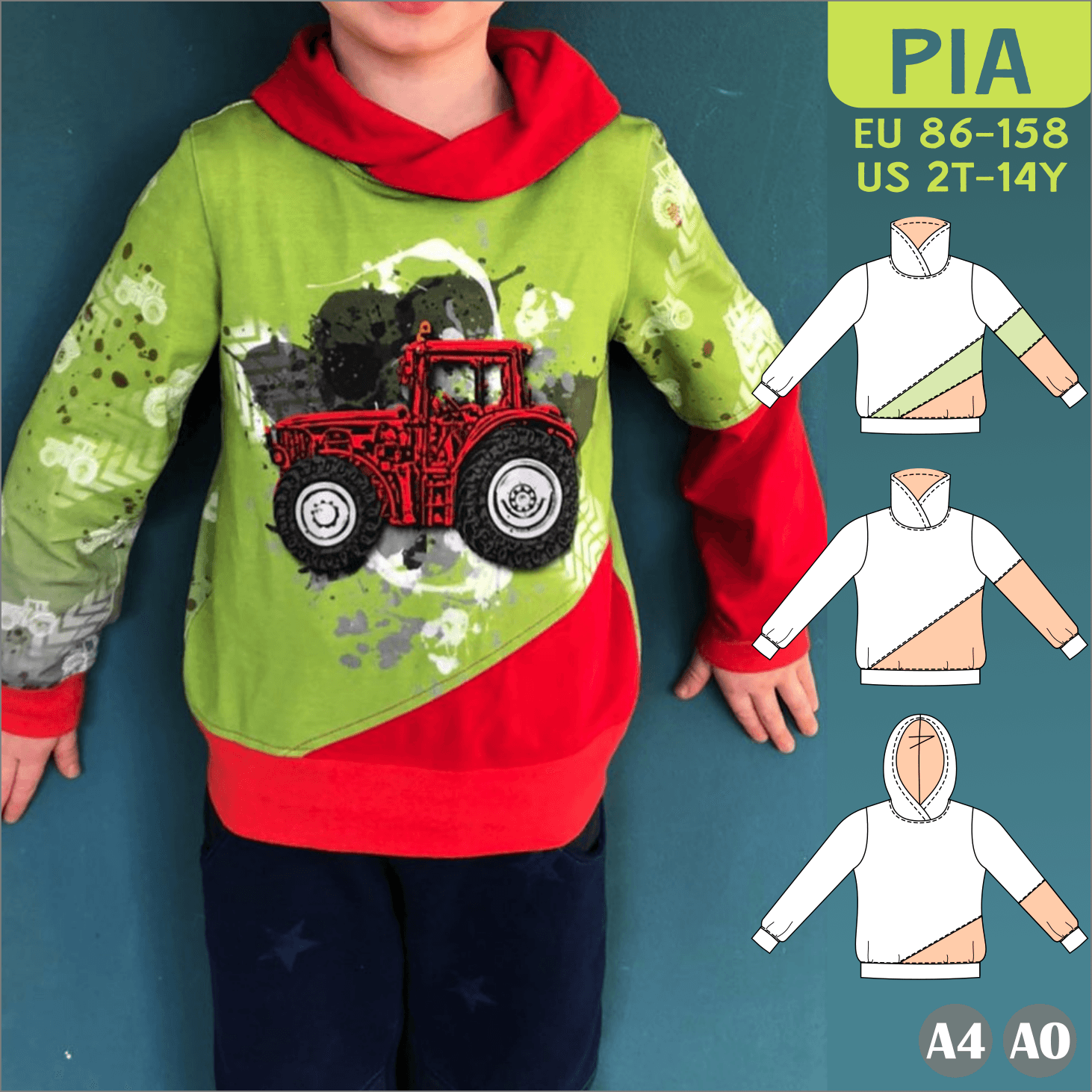 Schnittmuster Pia – Kinderhoodie mit Teilungsnähten Gr. 86-158 - Sewando