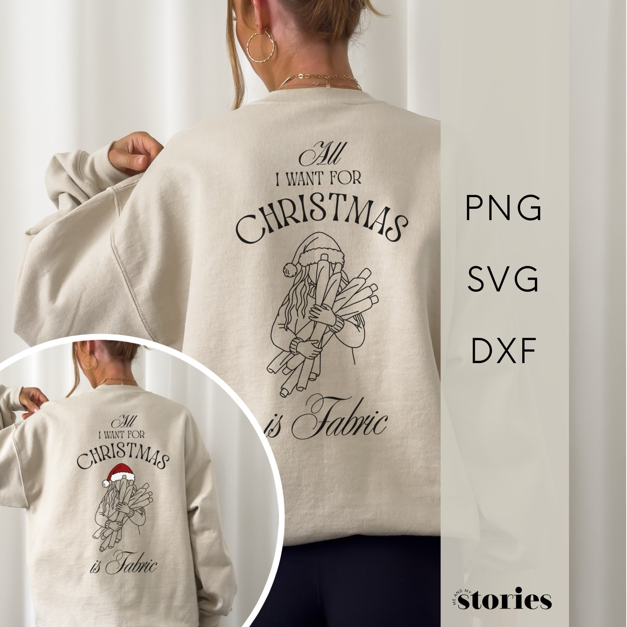 Plotterdatei im Line Art Stil für Nähfans – Frau mit Stoffrollen, festliches Weihnachtsmotiv All I want for Christmas is Fabric für Shirts, Sweater und Deko.