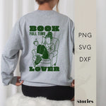 Plotterdatei Book Lover – Frau mit Buch und Tasse in Line Art Illustration, moderner Retro-Schriftzug für Sweater & DIY-Projekte.