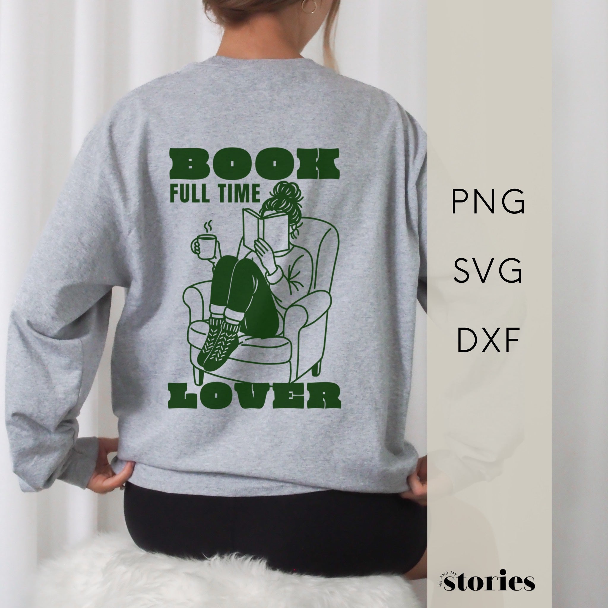 Plotterdatei Book Lover – Frau mit Buch und Tasse in Line Art Illustration, moderner Retro-Schriftzug für Sweater & DIY-Projekte.