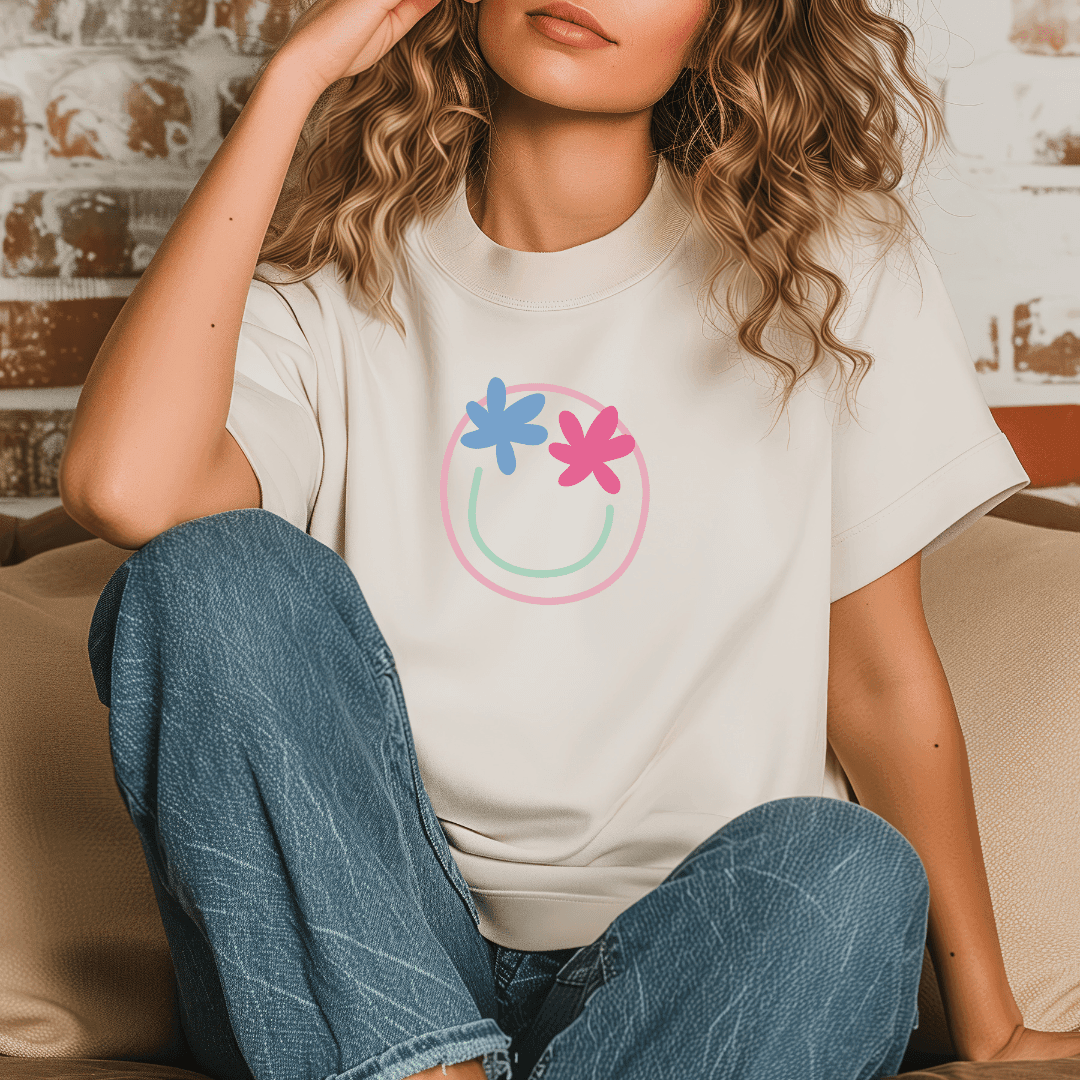 Plotterdatei Lachgesicht mit Blumen – fröhliches Lachgesicht für Shirts, Taschen & DIY - Sewando