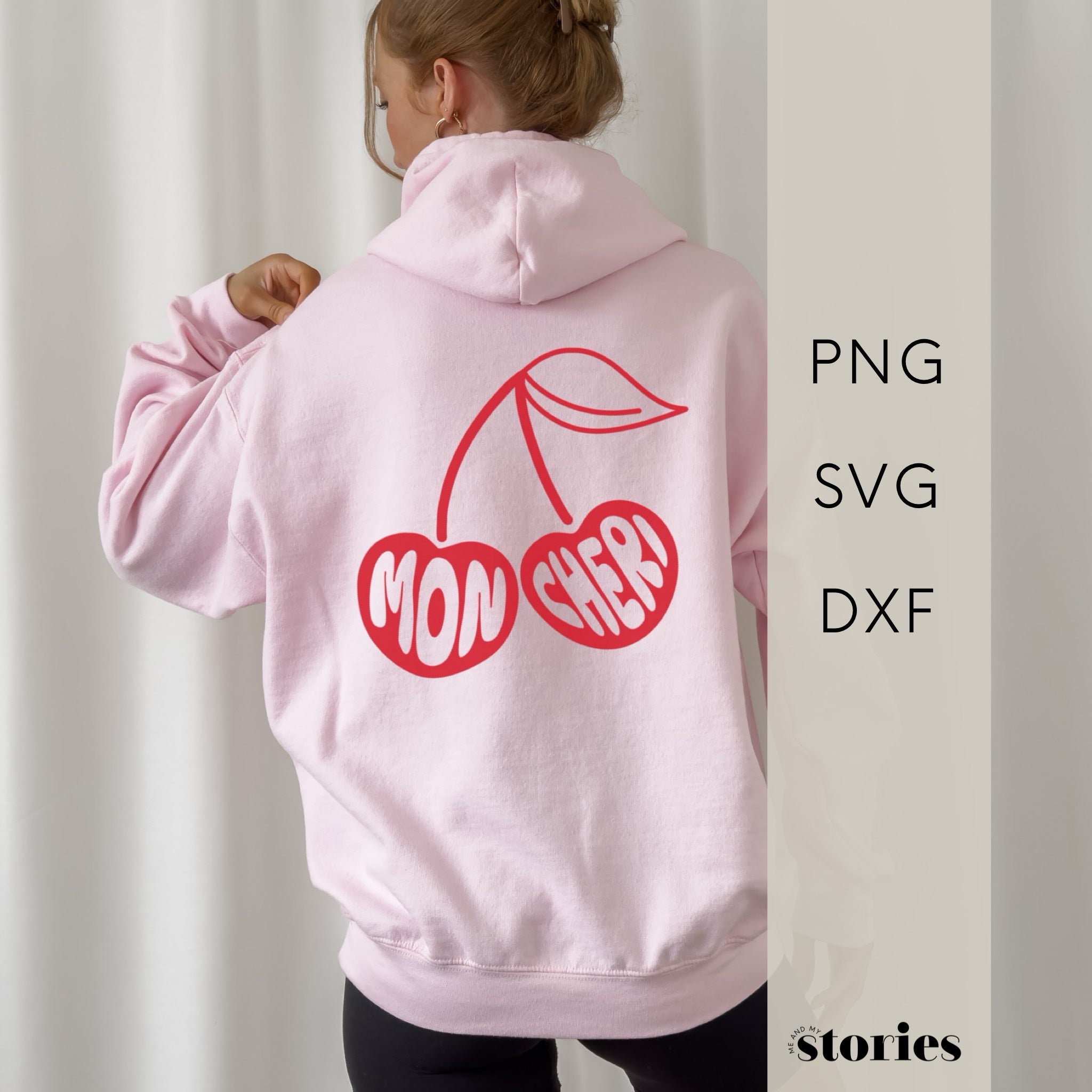 Digitale Plotterdatei mit minimalistischer Kirsche und Schriftzug „mon chéri“ – modernes Line Art Design für Shirts, Taschen & stylische DIY-Projekte.