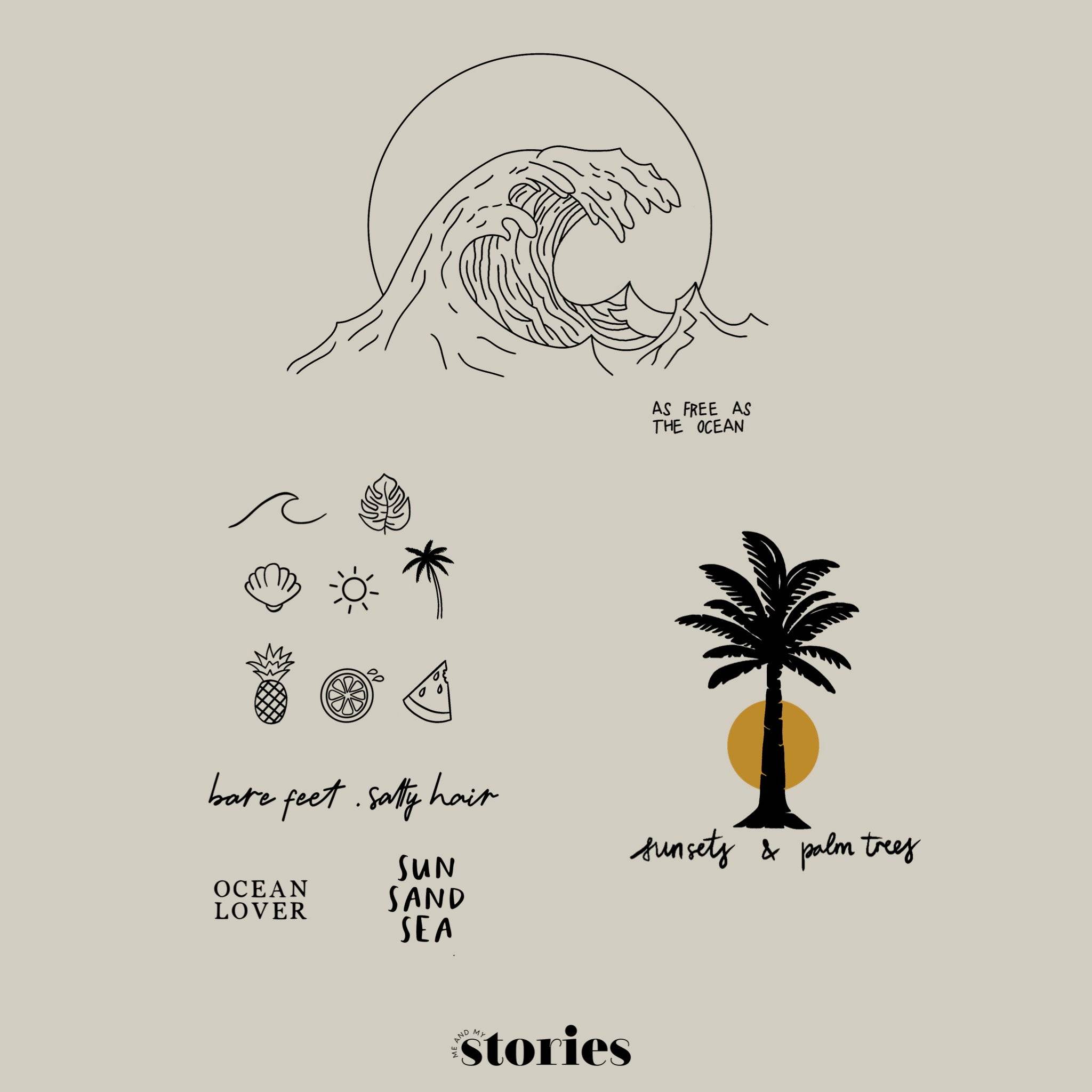 Digitale Plotterdatei – Sommerliche Line Art Designs | Sommer, Welle & Palme | 3-teiliges Set - Sewando