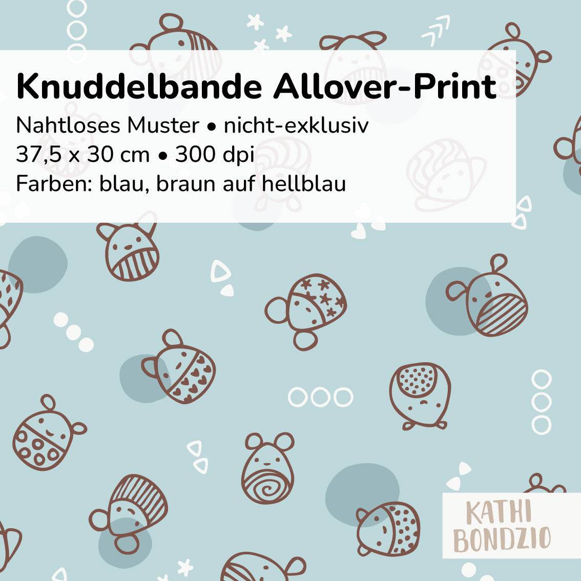 Stoffdesign: Knuddelbande – nahtloses Allover-Muster in braun, weiß, blau auf blauem Hintergrund - Sewando
