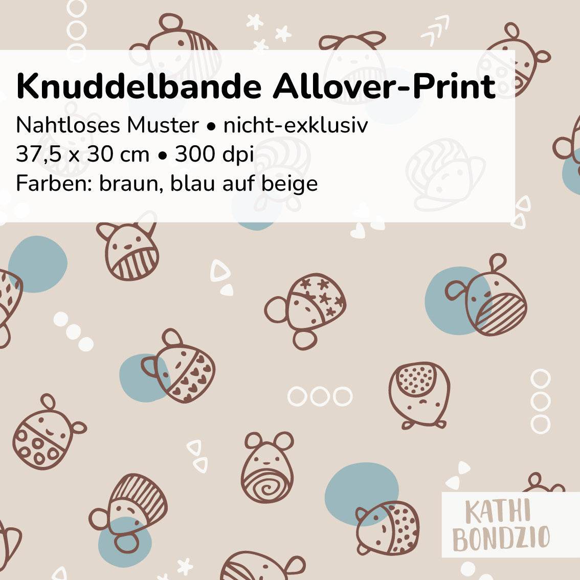 Stoffdesign: Knuddelbande – nahtloses Allover-Muster in braun, weiß, blau auf beigefarbenem Hintergrund - Sewando