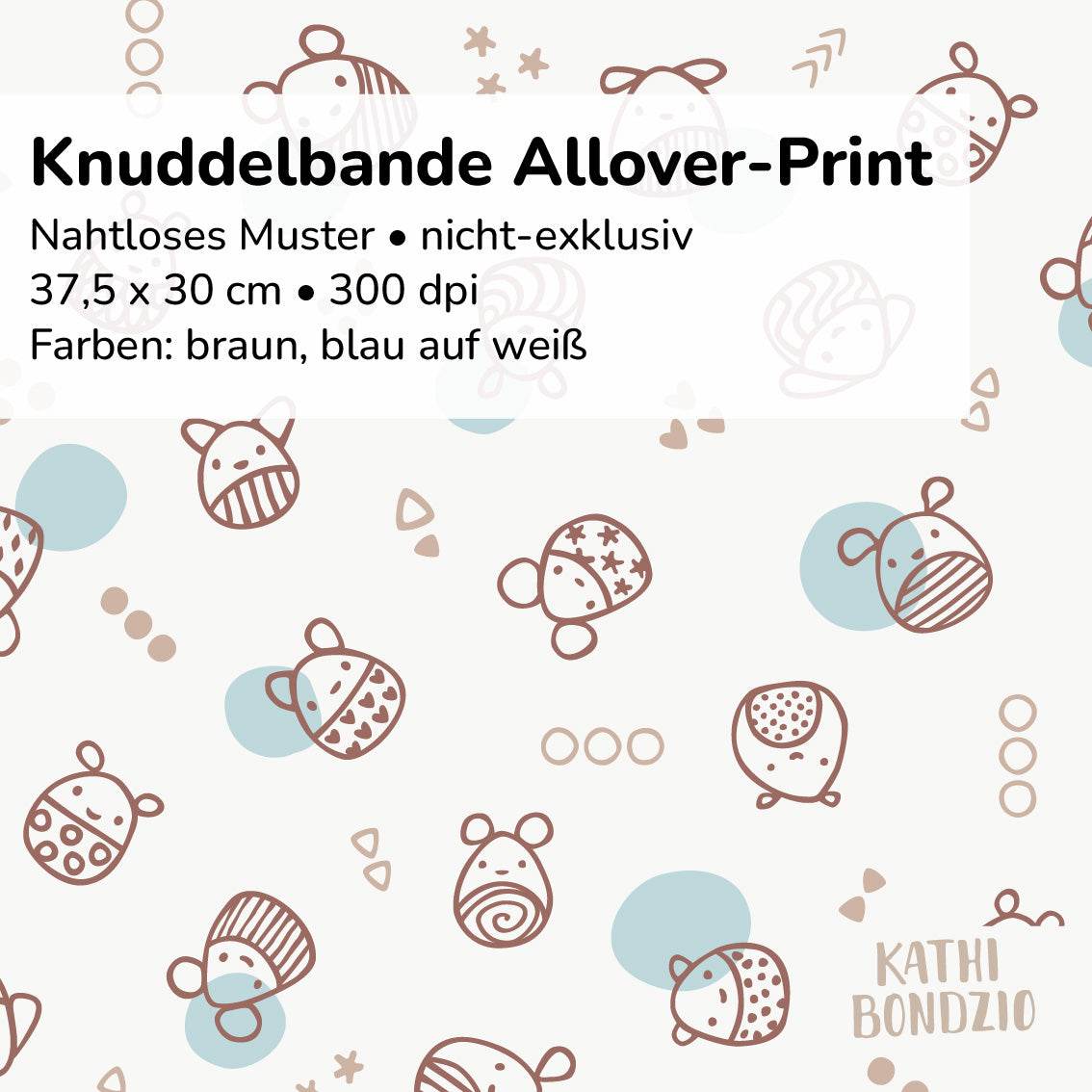 Stoffdesign: Knuddelbande – nahtloses Allover-Muster in braun, blau auf weißem Hintergrund - Sewando