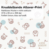 Stoffdesign: Knuddelbande – nahtloses Allover-Muster in braun, blau auf weißem Hintergrund - Sewando