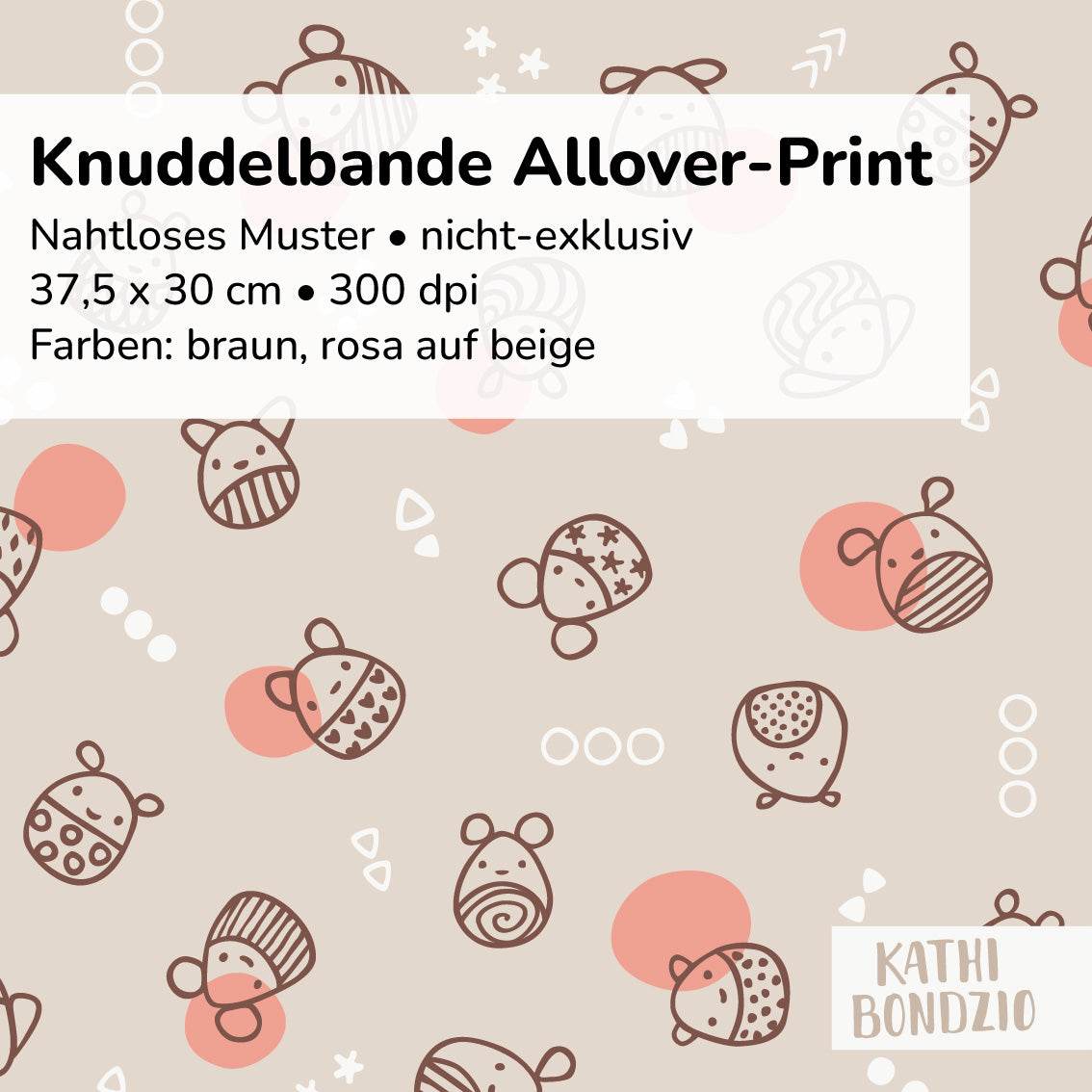 Stoffdesign: Knuddelbande – nahtloses Allover-Muster in braun, weiß, rosa auf beigefarbenem Hintergrund - Sewando
