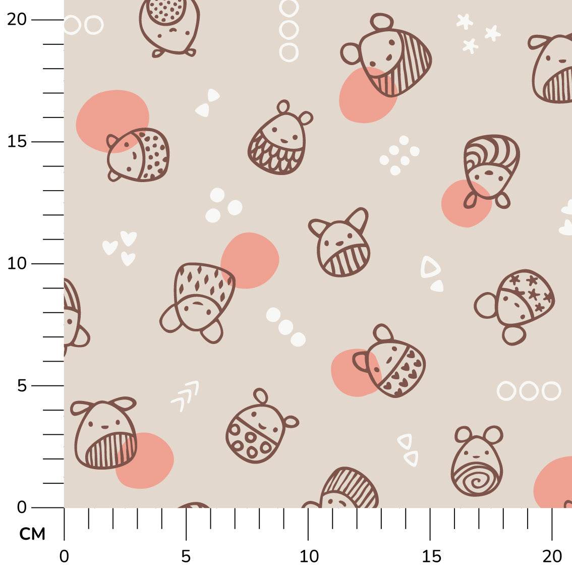 Stoffdesign: Knuddelbande – nahtloses Allover-Muster in braun, weiß, rosa auf beigefarbenem Hintergrund - Sewando