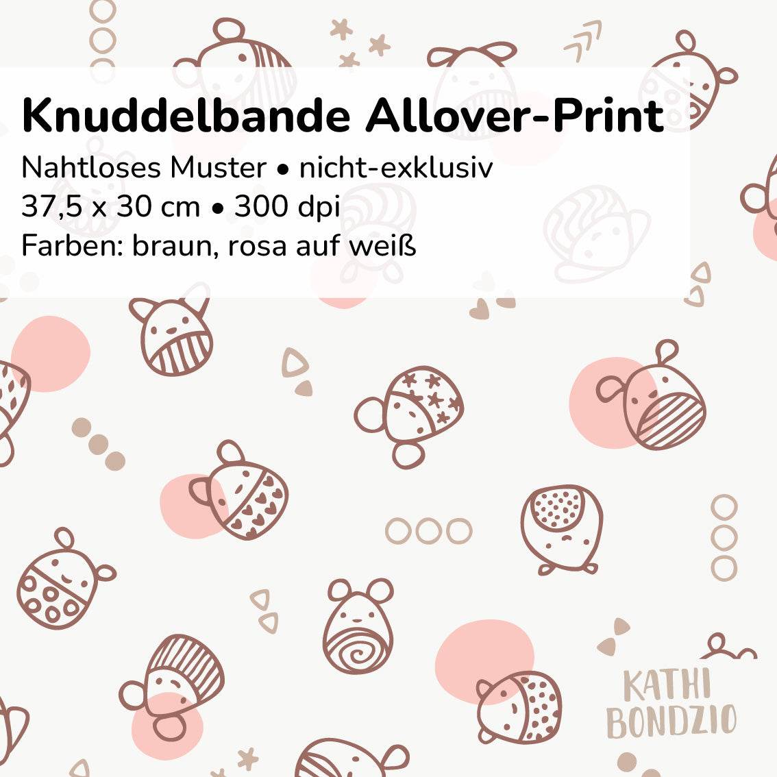Stoffdesign: Knuddelbande – nahtloses Allover-Muster in braun, rosa auf weißem Hintergrund - Sewando