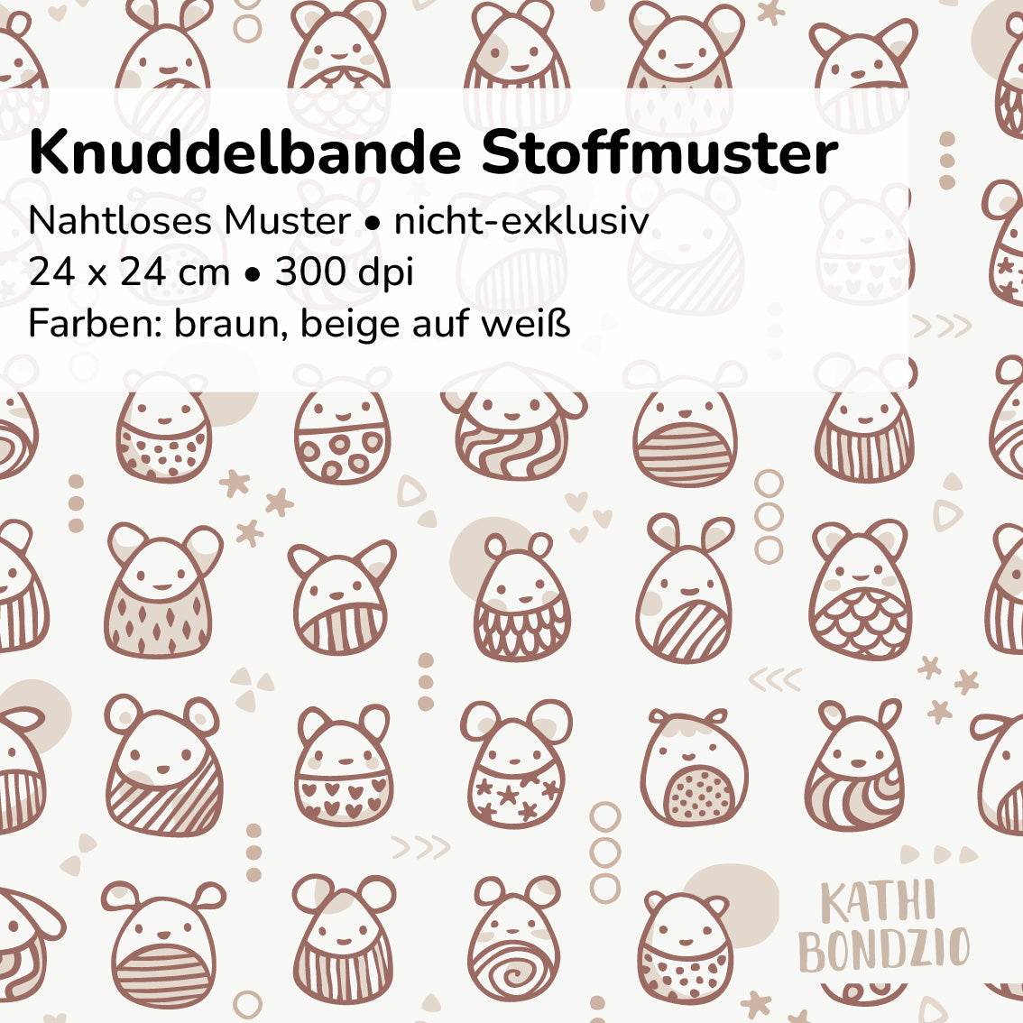 Stoffdesign: Knuddelbande – nahtloses Muster in Reihen in braun, beige auf weißem Hintergrund - Sewando