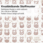 Stoffdesign: Knuddelbande – nahtloses Muster in Reihen in braun, beige auf weißem Hintergrund - Sewando