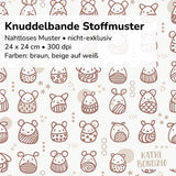 Stoffdesign: Knuddelbande – nahtloses Muster in Reihen in braun, beige auf weißem Hintergrund - Sewando