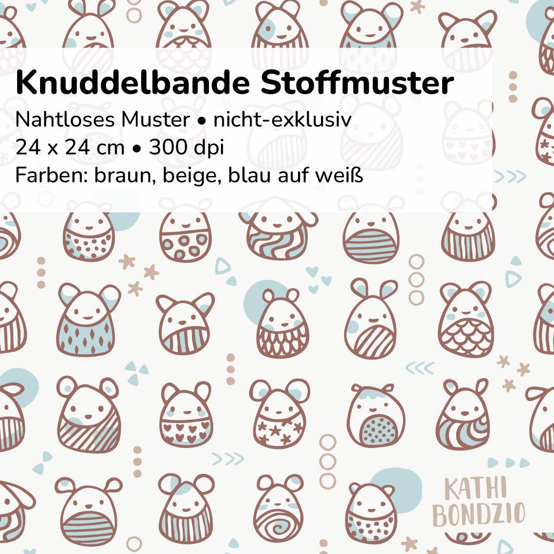 Stoffdesign: Knuddelbande – nahtloses Muster in Reihen in braun, blau auf weißem Hintergrund - Sewando