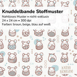 Stoffdesign: Knuddelbande – nahtloses Muster in Reihen in braun, blau auf weißem Hintergrund - Sewando