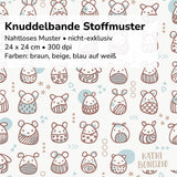 Stoffdesign: Knuddelbande – nahtloses Muster in Reihen in braun, blau auf weißem Hintergrund - Sewando