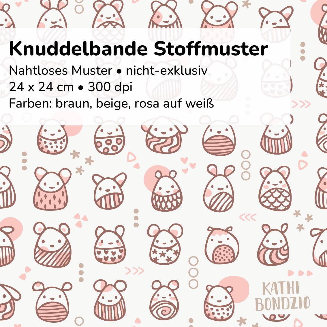 Stoffdesign: Knuddelbande – nahtloses Muster in Reihen in braun, rosa auf weißem Hintergrund - Sewando