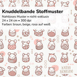 Stoffdesign: Knuddelbande – nahtloses Muster in Reihen in braun, rosa auf weißem Hintergrund - Sewando