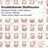 Stoffdesign: Knuddelbande – nahtloses Muster in Reihen in braun, rosa auf weißem Hintergrund - Sewando