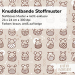 Stoffdesign: Knuddelbande – nahtloses Muster in Reihen in braun, weiß auf beigefarbenem Hintergrund - Sewando