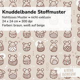 Stoffdesign: Knuddelbande – nahtloses Muster in Reihen in braun, weiß auf beigefarbenem Hintergrund - Sewando