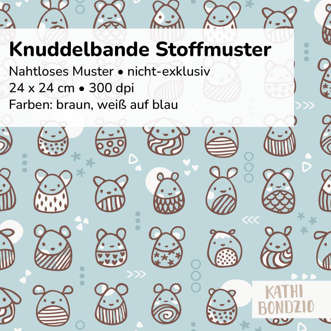 Stoffdesign: Knuddelbande – nahtloses Muster in Reihen in braun, weiß auf blauem Hintergrund - Sewando