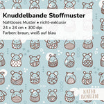Stoffdesign: Knuddelbande – nahtloses Muster in Reihen in braun, weiß auf blauem Hintergrund - Sewando
