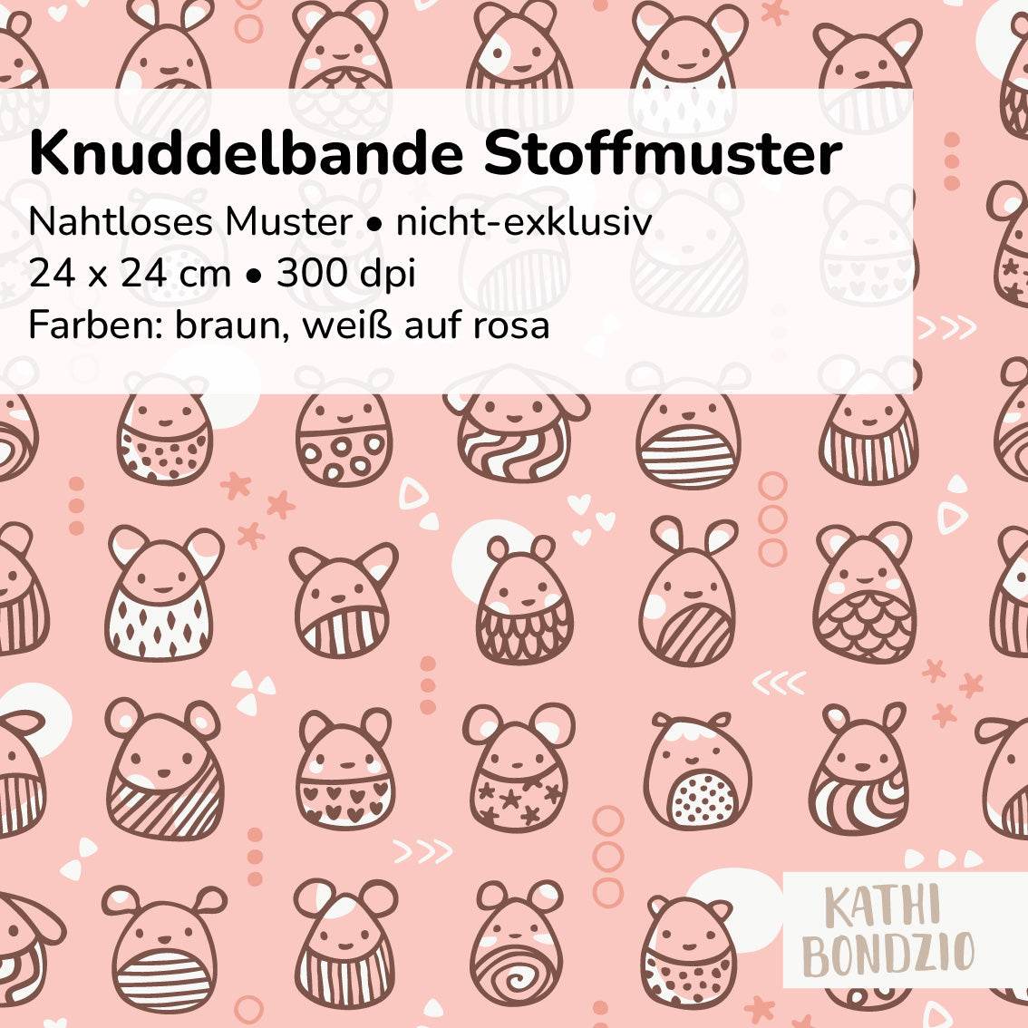 Stoffdesign: Knuddelbande – nahtloses Muster in Reihen in braun, weiß auf rosa Hintergrund - Sewando