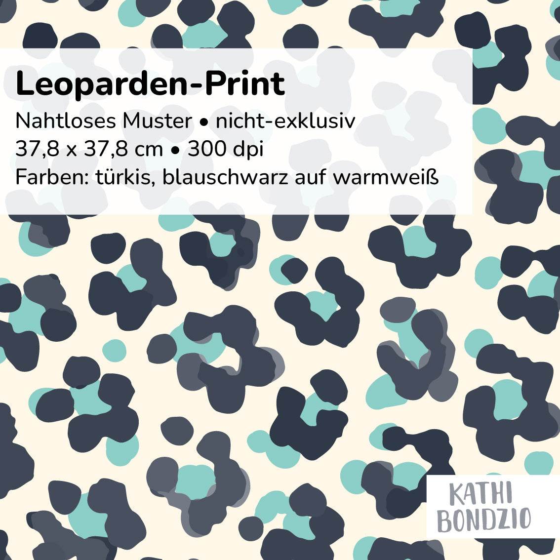 Stoffdesign: nahtloses Leoparden-Print Muster in türkis und schwarzblau auf weißem Hintergrund - Sewando
