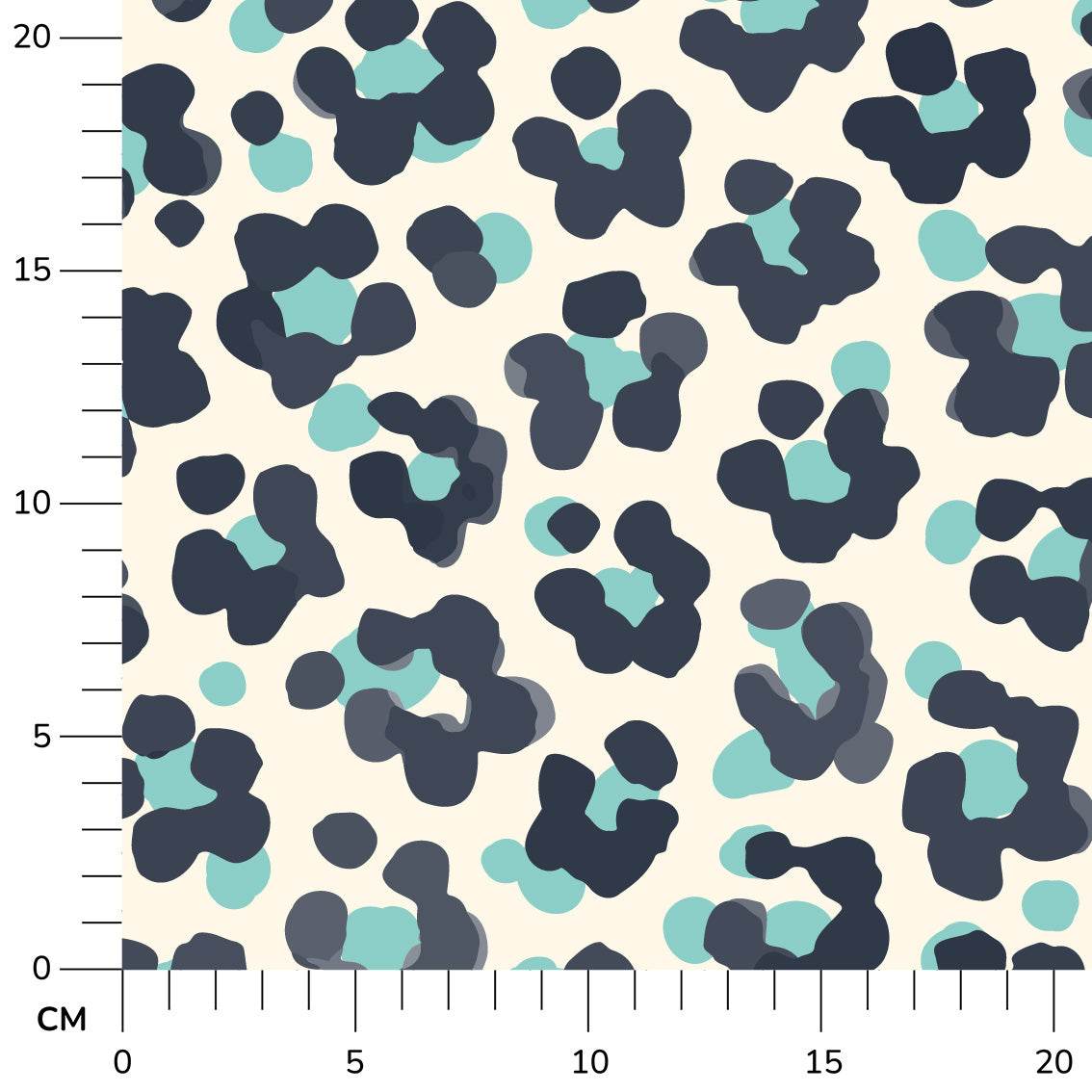 Stoffdesign: nahtloses Leoparden-Print Muster in türkis und schwarzblau auf weißem Hintergrund - Sewando