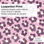 Stoffdesign: nahtloses Leoparden-Print Muster in weiß und lila auf pinkfarbenem Hintergrund - Sewando
