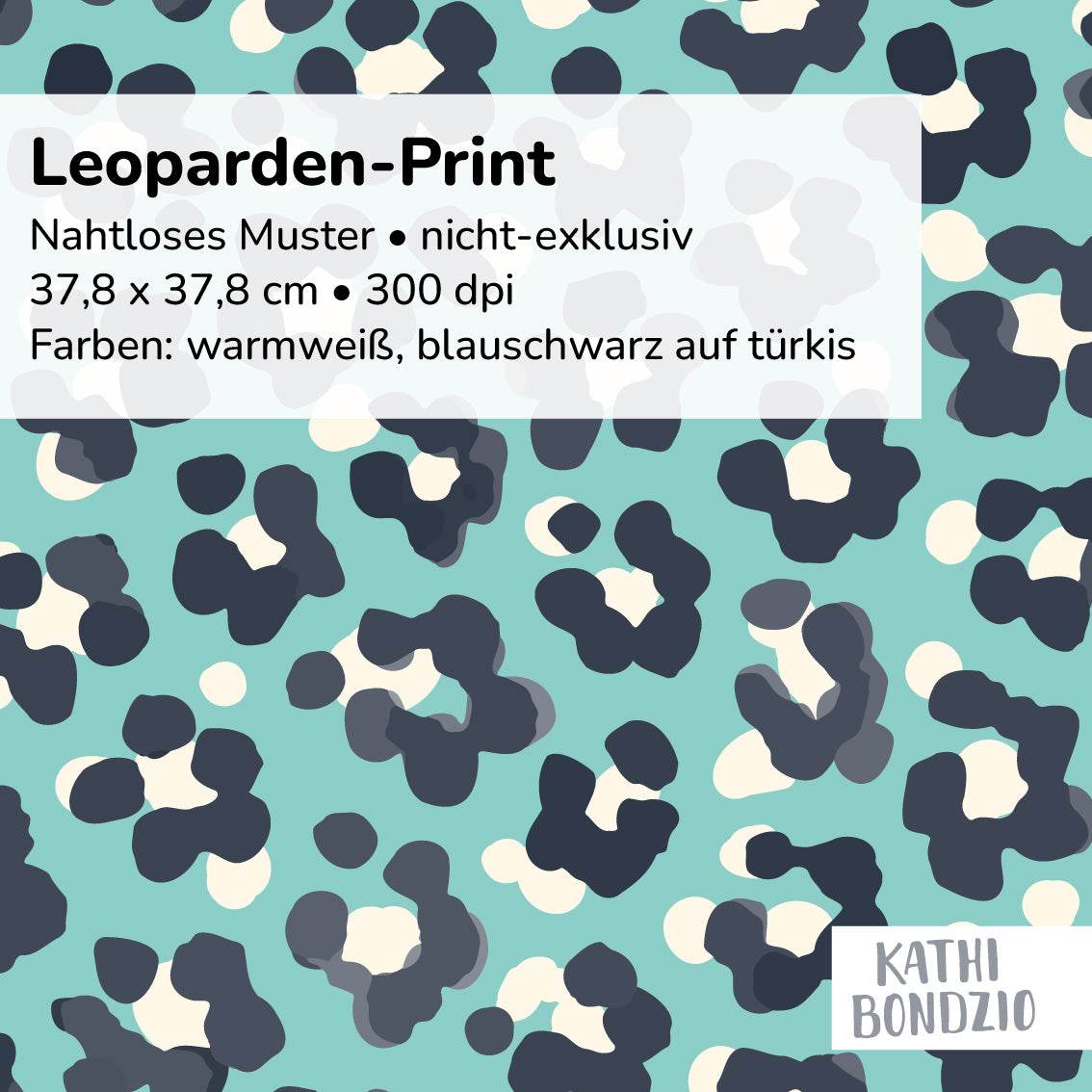 Stoffdesign: nahtloses Leoparden-Print Muster in weiß, schwarzblau auf türkisfarbenem Hintergrund - Sewando