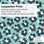 Stoffdesign: nahtloses Leoparden-Print Muster in weiß, schwarzblau auf türkisfarbenem Hintergrund - Sewando