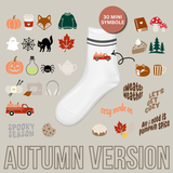 Herbst Socken Plotterdatei SVG mit 30 kleinen Cozy und Halloween Motiven wie Kürbis, Fuchs, Pilze, Blätter, Kaffee und herbstlichen Sprüchen