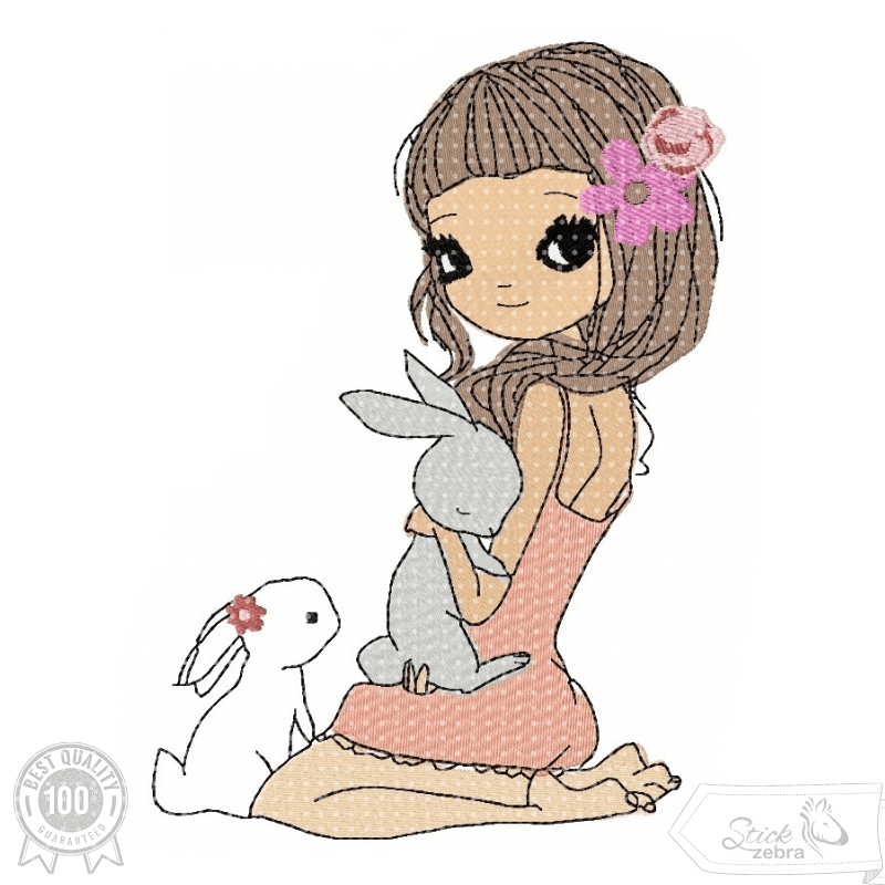 Doodle Mädchen mit Hasen Stickdatei – zarte Freundschaft fürs Herz und deine Stickmaschine - Sewando