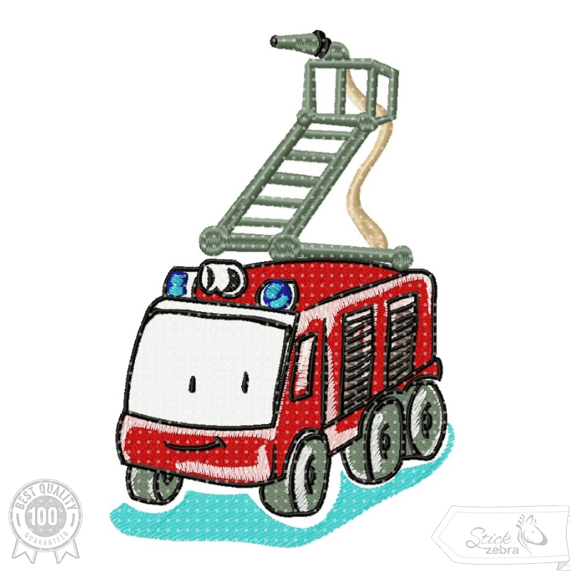Feuerwehr Stickdatei, niedliches Feuerwehrfahrzeug mit Leiter für deine Stickmaschine - Sewando