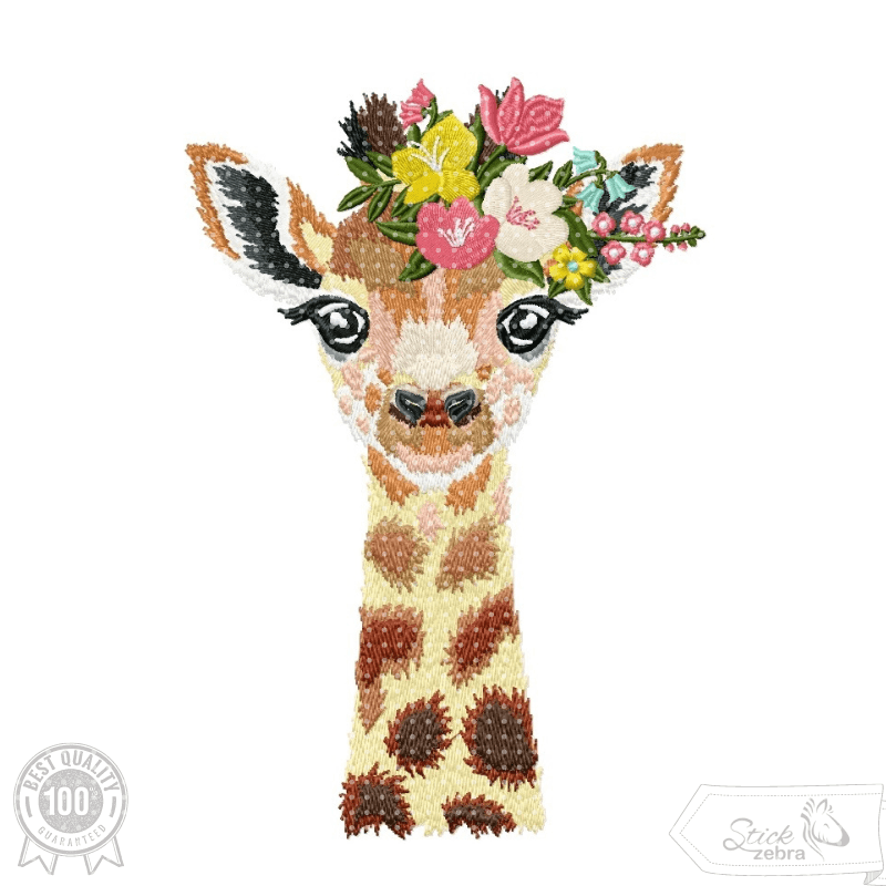 Giraffe Stickdatei, zierlicher Giraffenkopf mit Blumenkranz für deine Stickmaschine - Sewando