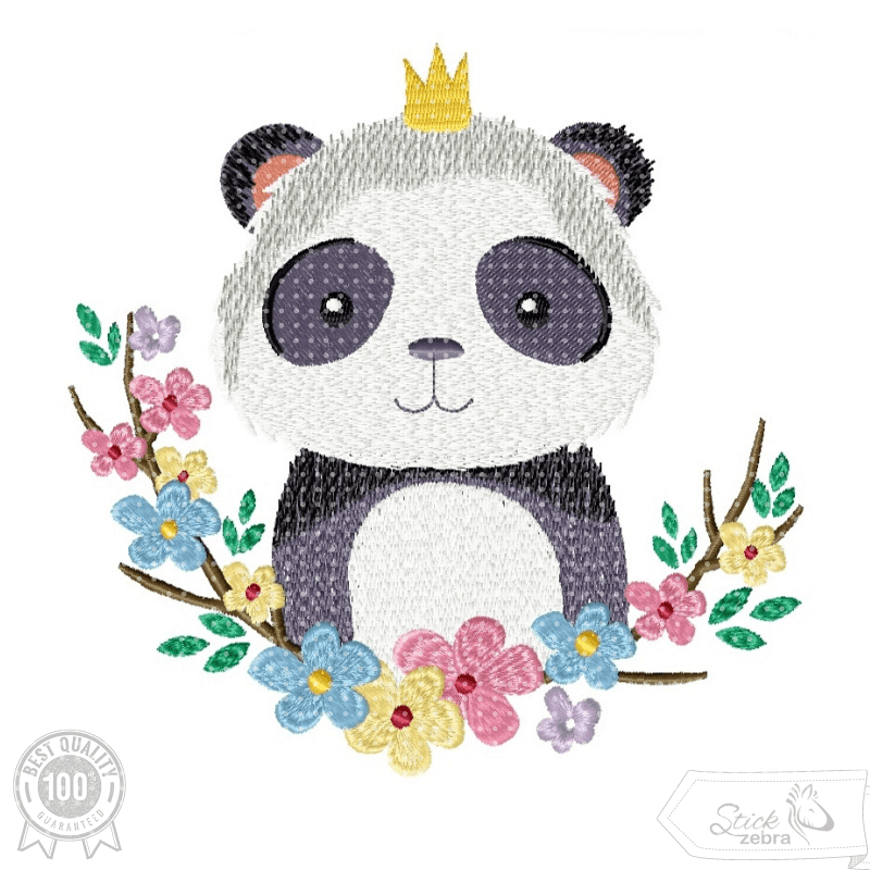 Panda Stickdatei – Niedliches Pandamotiv mit Blumenkranz & Krönchen für süße Projekte - Sewando