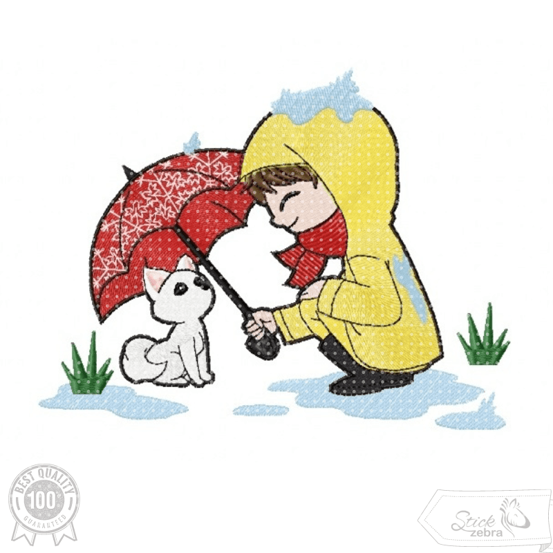 Stickdatei Junge mit Hund im Regen – liebevolles Motiv für Kinder und Tierfreunde - Sewando